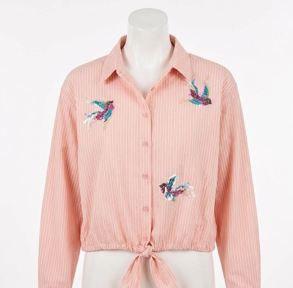 NEW MYSTREE poplin pinstripe hummingbird sequin shirt in peach and blue